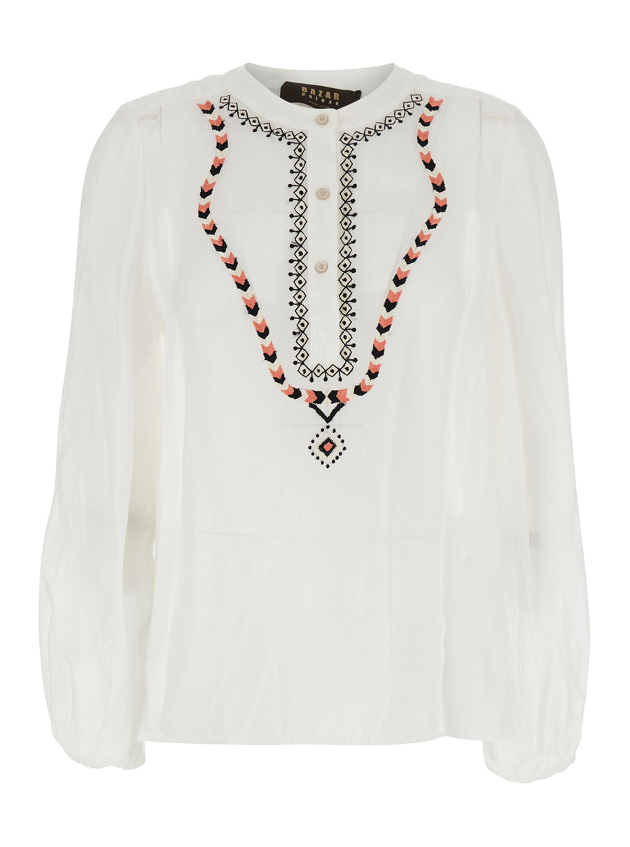 Shirt With Classic Collar, White Ramie Glass Blouses