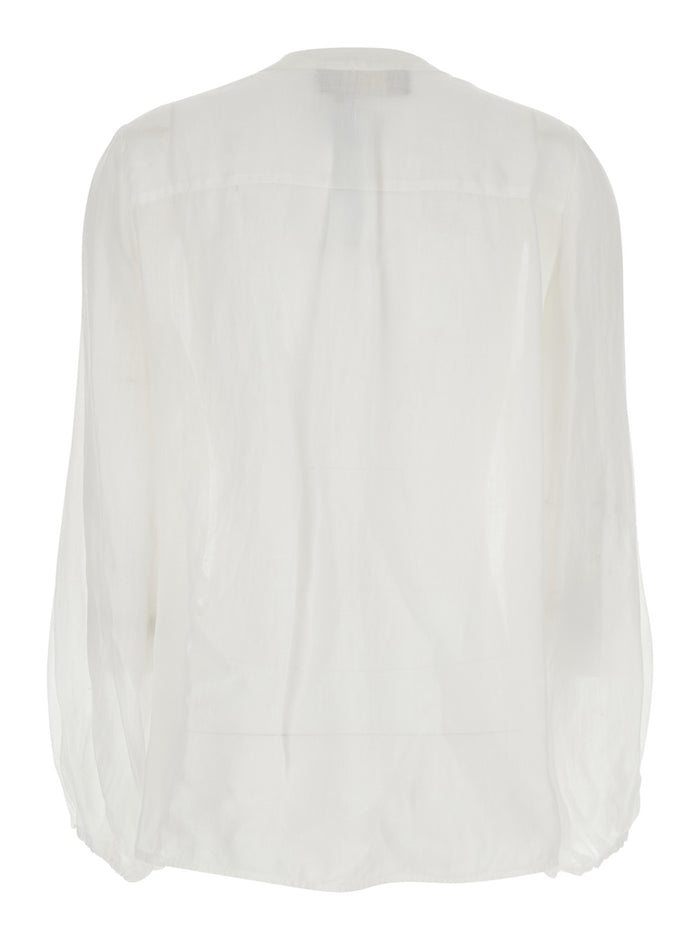 SHIRT White S11951200120 with Classic Collar and Long Sleeves in Ramie Glass Blouses