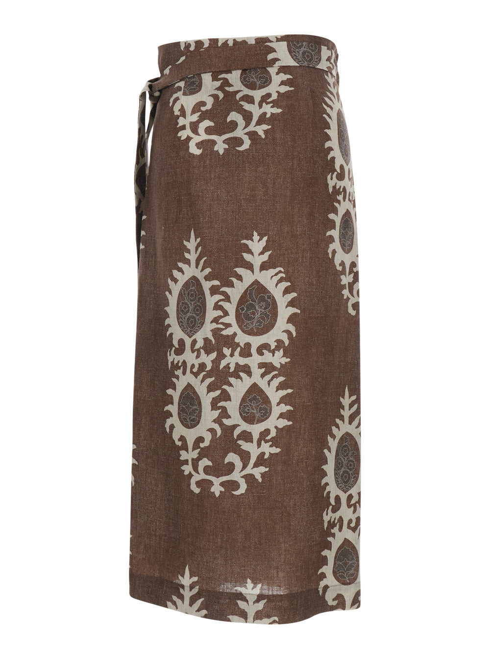 Brown Linen Long Skirt With Waist Knot For Women