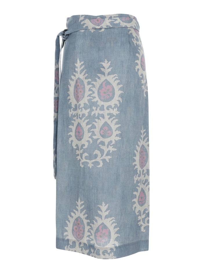 Blue Linen Long Skirt with Waist Knot Design for Women Blu