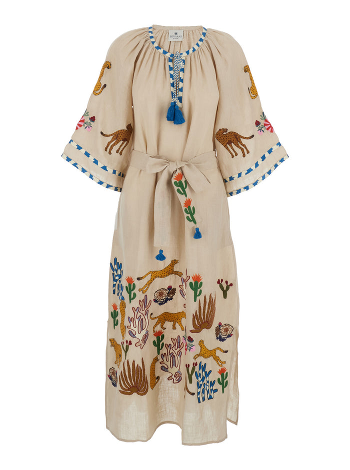 Congo Veronica - Beige Kaftan with Deep Neckline Linen Women Beachwear