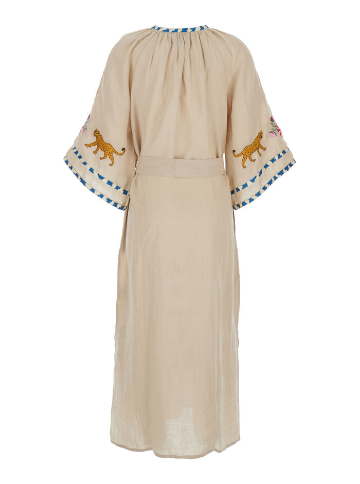 Congo Veronica - Beige Kaftan with Deep Neckline Linen Women Beachwear
