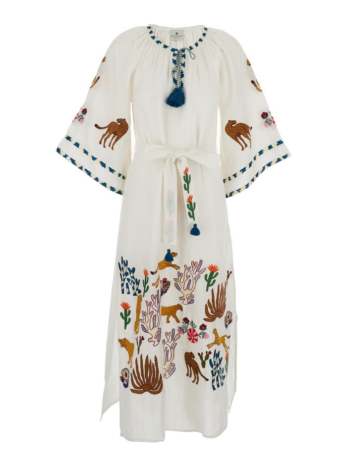 Congo Veronica White Kaftan with Elegant Linen Details for Women Beachwear
