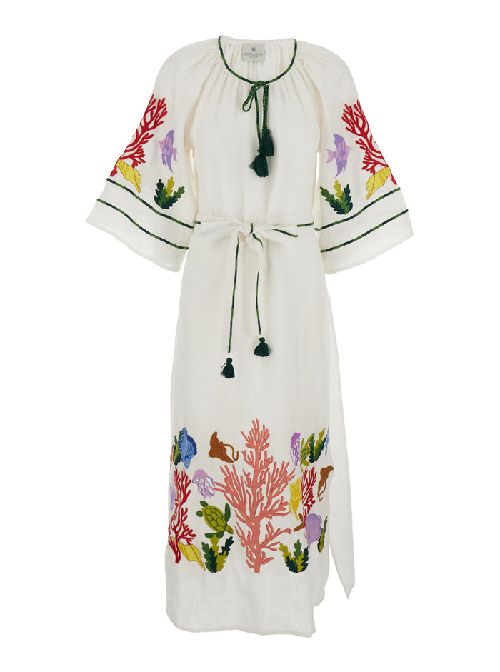 Kaftan Sea Life Veronica White with Print Motif in Linen Women Beachwear