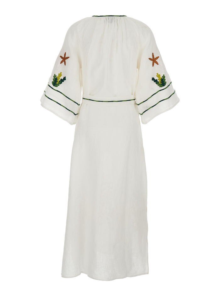 Kaftan Sea Life Veronica White with Print Motif in Linen Women Beachwear
