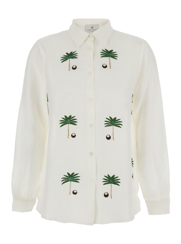 White Coco Palm Shirt with Classic Collar in Linen for Women And Blouses