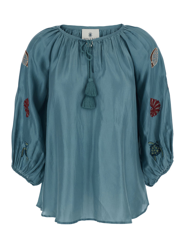 Silk Top with Sea Print and Blue Details Blu Beachwear