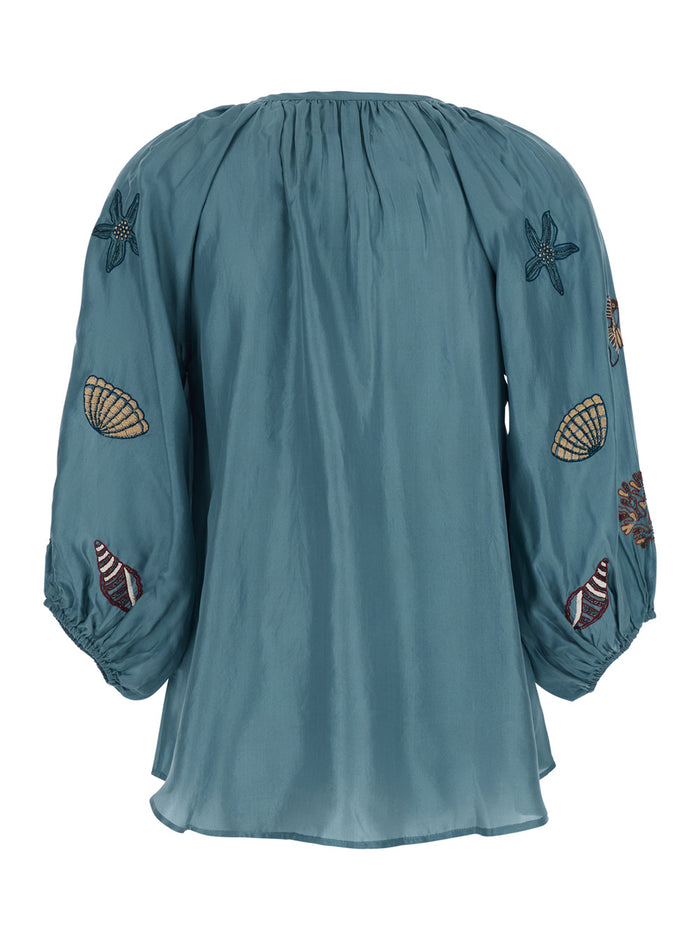 Silk Top with Sea Print and Blue Details Blu Beachwear