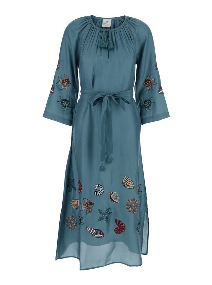 Kaftan Hand Sea Life Veronica Blue with Print Motif in Silk for Women Blu Beachwear