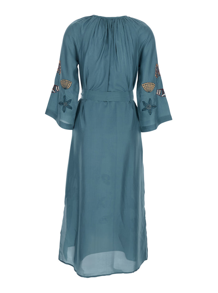 Kaftan Hand Sea Life Veronica Blue with Print Motif in Silk for Women Blu Beachwear