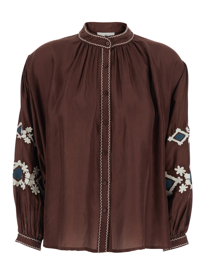 Top Ava Brown with Floral Motif in Silk Women Shirts And Blouses