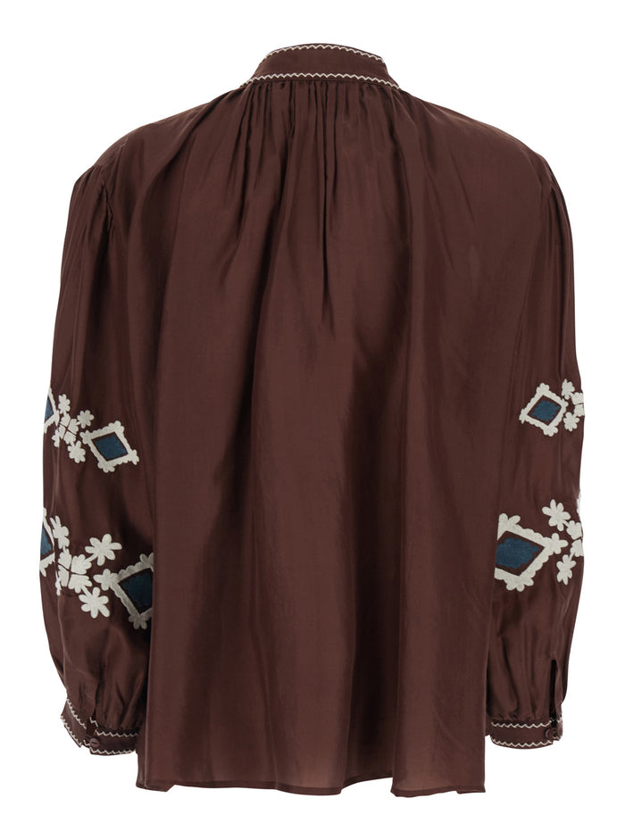 Top Ava Brown with Floral Motif in Silk Women Shirts And Blouses