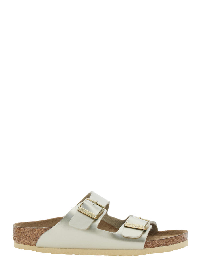 Arizona Sandals with Rounded Toe and Buckle Closure in Metallic Birko-Flor for Girls Birkoflor Flat Shoes