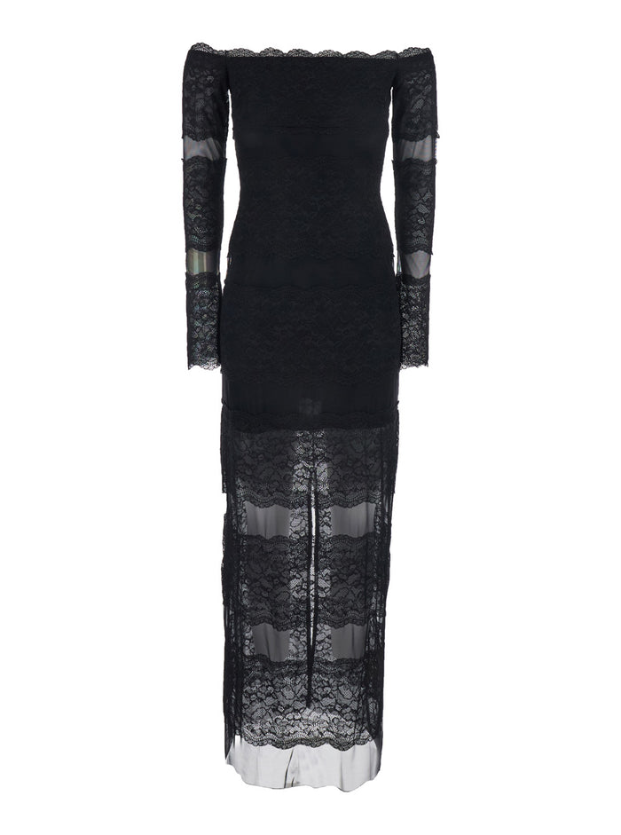 Long Dress Black with All-Over Embroidery Design in Tech Fabric for Women Polyamide Elastane