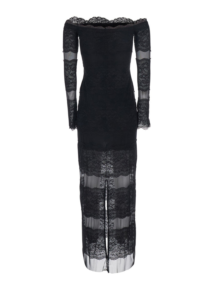 Long Dress Black with All-Over Embroidery Design in Tech Fabric for Women Polyamide Elastane