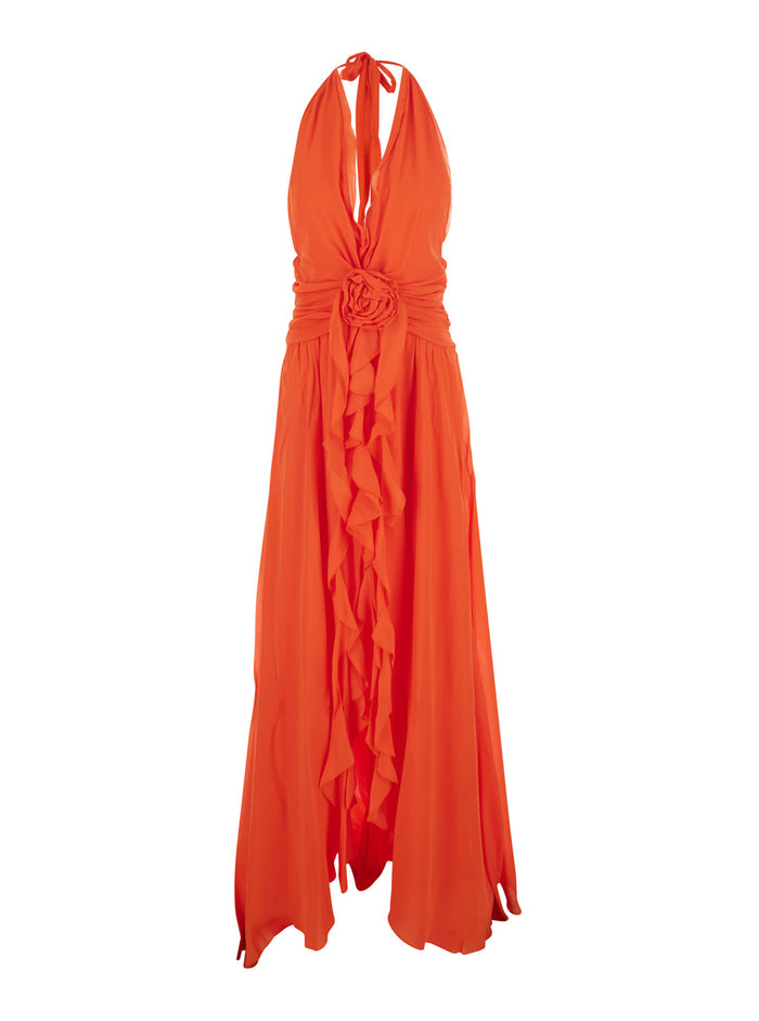 Dress GEORGETTE MAXI Orange with V-Neck and Long Sleeves in Viscose Women