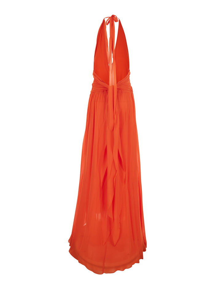 Dress GEORGETTE MAXI Orange with V-Neck and Long Sleeves in Viscose Women