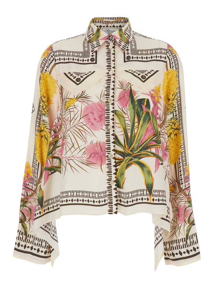Shirt with Pointed Collar and All-Over Floral Print in Multicolor Viscose for Women Blouses