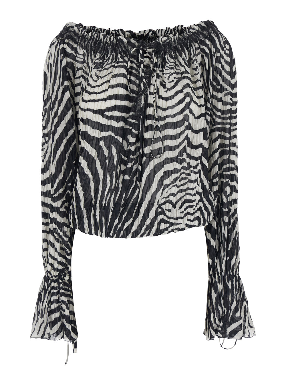Dress Zebra with Boat Neck and All-Over Motif in Black White Viscose for Women White/black Shirts Blouses