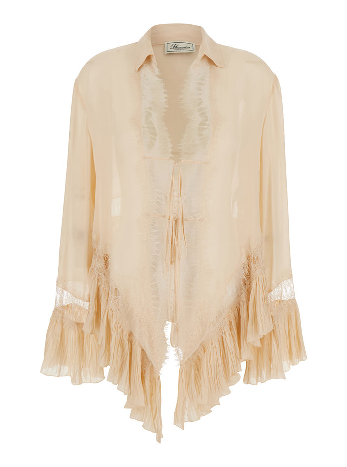 Beige Blouse With Pointed Collar And All-Over Lace Embellishment In Viscose For Women Shirts Blouses