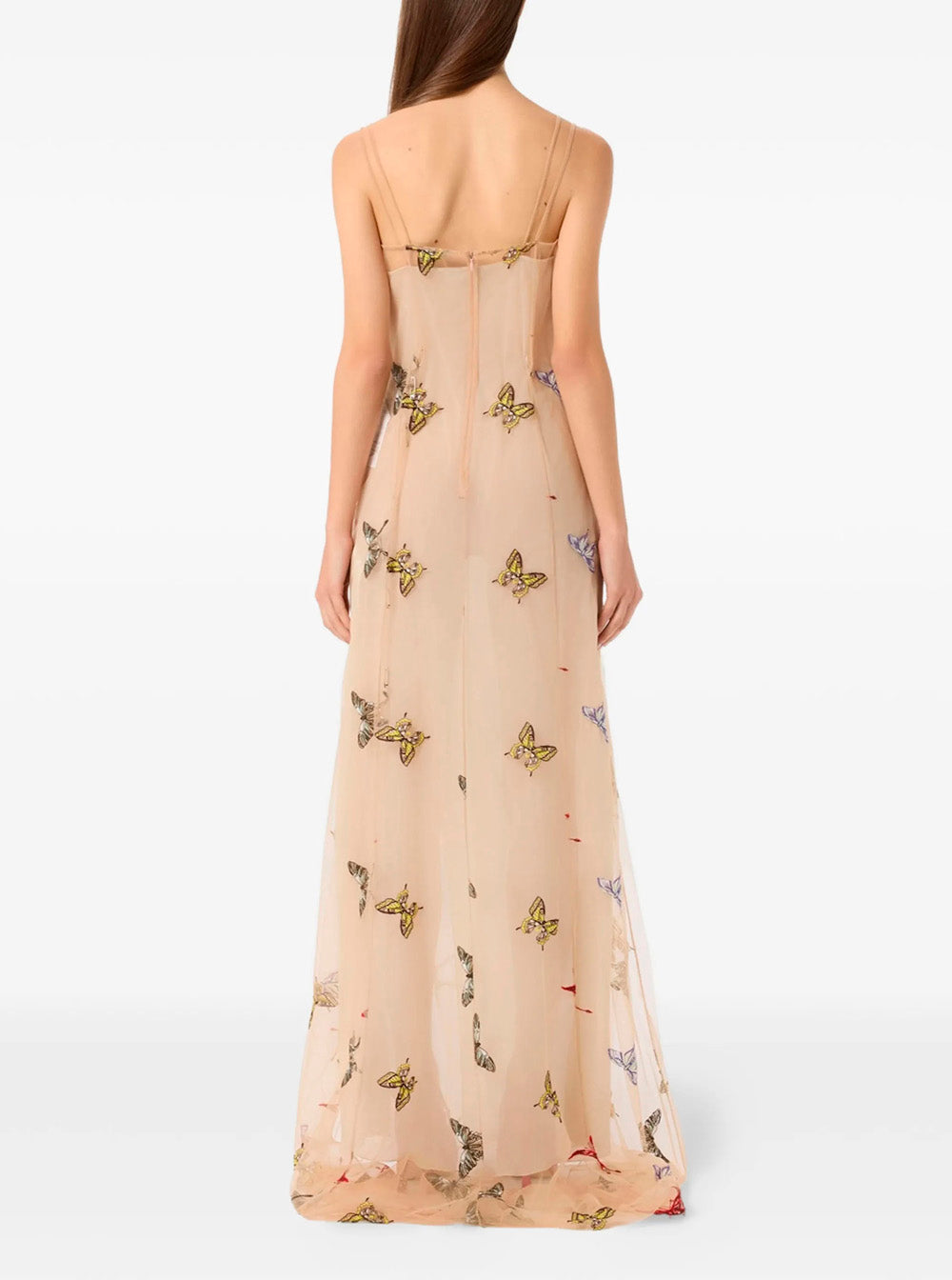 Beige Long Dress EMBROIDERY NET LOOK21 with Embroidered Details in Polyamide and Polyester for Women