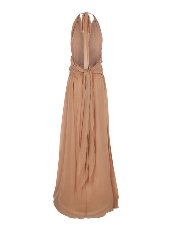 Dress GEORGETTE LONG Pink with V-Neck and Sleeves in Viscose for Women