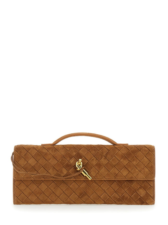 Andiamo Beige Clutch With Handle And Intreccio Motif Suede For Women Brown Calf Clutches Pochettes
