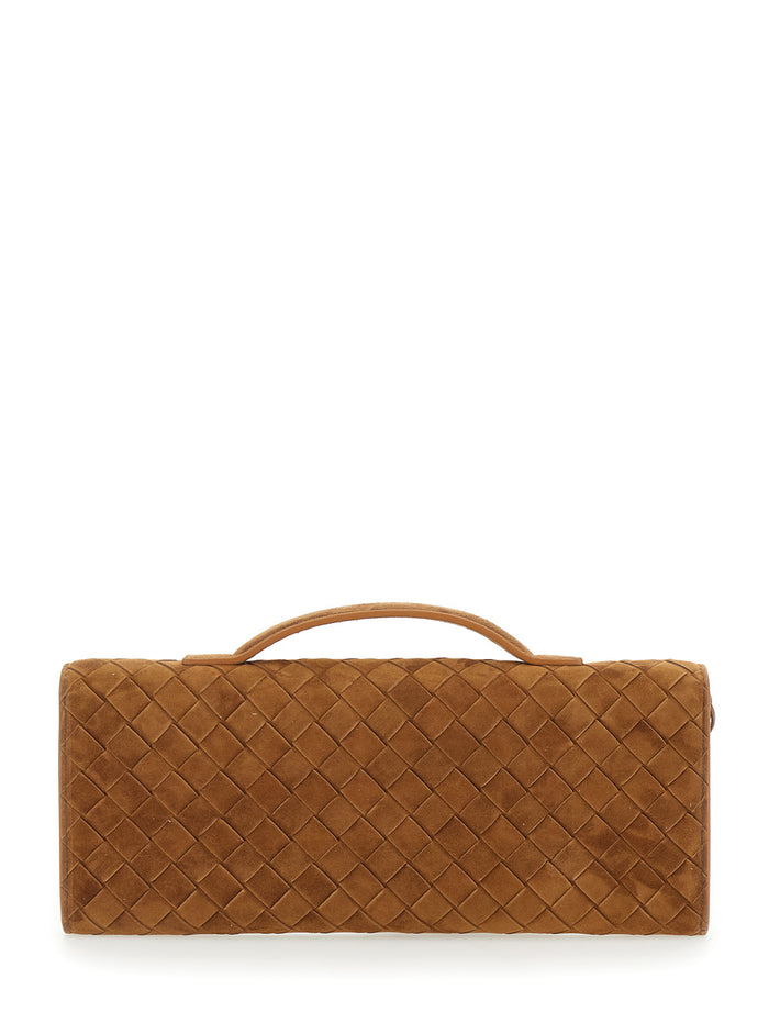 Andiamo Beige Clutch With Handle And Intreccio Motif Suede For Women Brown Calf Clutches Pochettes