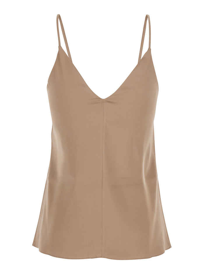 Beige Silk Blend Top With Spaghetti Straps And V Neck Woman Elastane Tops