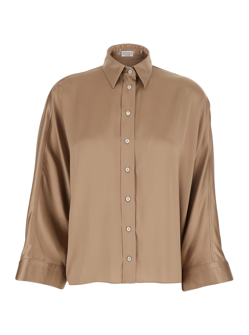 Silk Blouse with Classic Collar and Bell Sleeves Beige Women Elastane Shirts Blouses