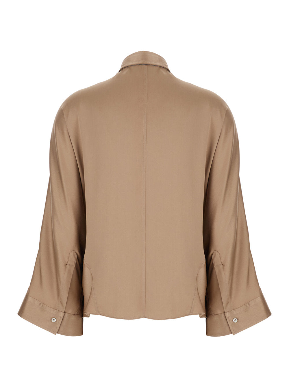 Silk Blouse with Classic Collar and Bell Sleeves Beige Women Elastane Shirts Blouses