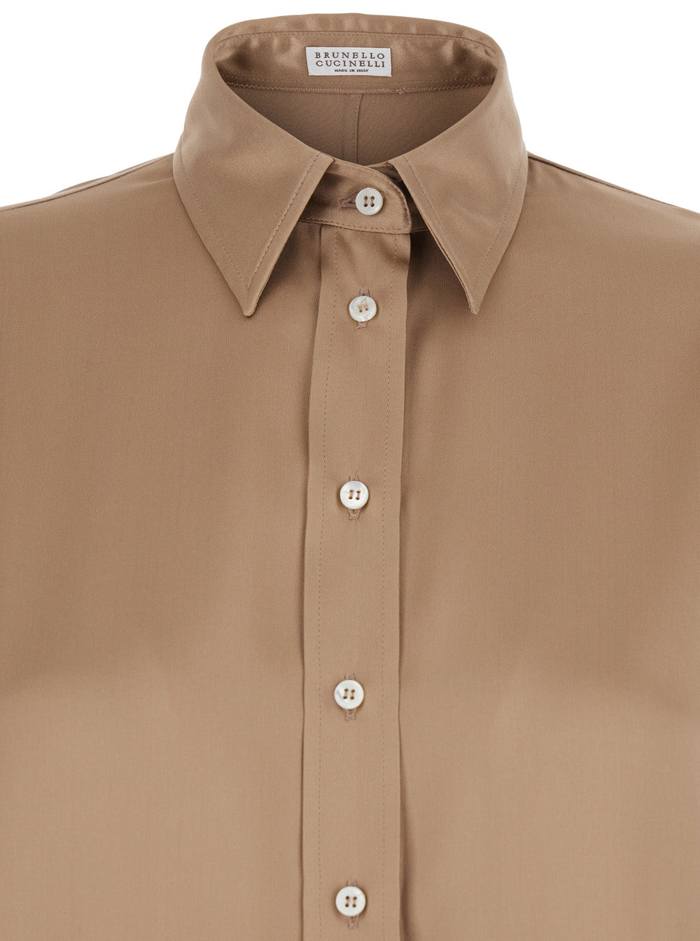 Silk Blouse with Classic Collar and Bell Sleeves Beige Women Elastane Shirts Blouses