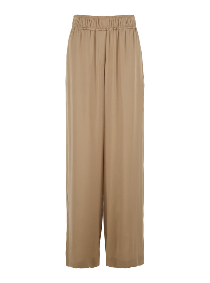 Beige Pants With Elastic Waist And Wide Leg Silk For Women Elastane Trousers
