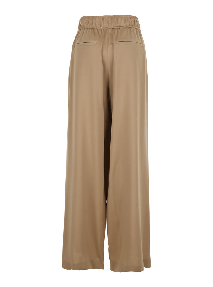 Beige Pants With Elastic Waist And Wide Leg Silk For Women Elastane Trousers