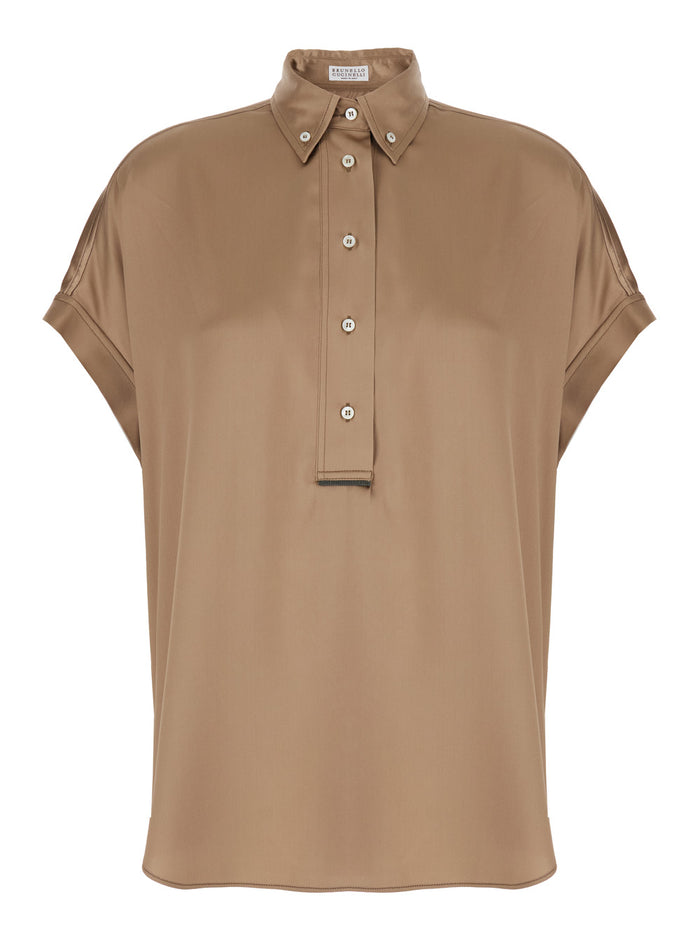 Beige Stretch Silk Button Down Collar Shirt for Women Elastane And Blouses