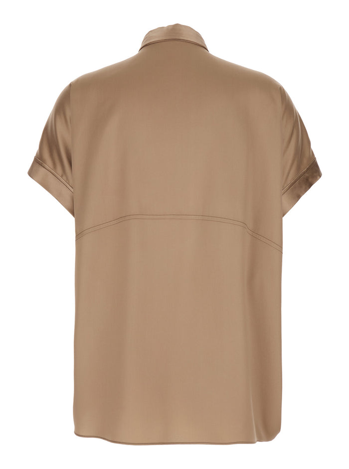 Beige Stretch Silk Button Down Collar Shirt for Women Elastane And Blouses
