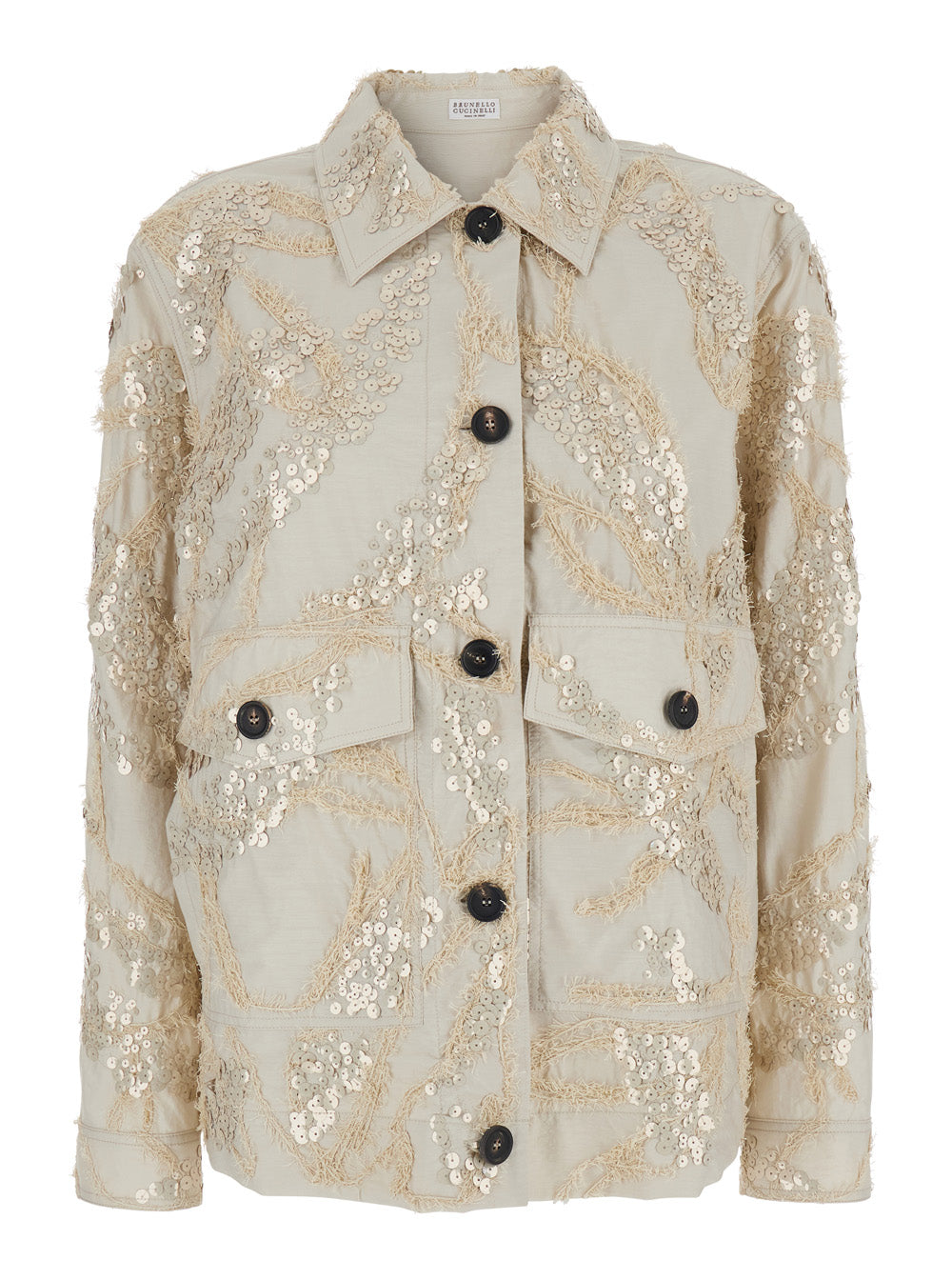 Beige Womens Jacket with Classic Collar and All-Over Sequin Decoration in Cotton Blend Polyamide Blazers