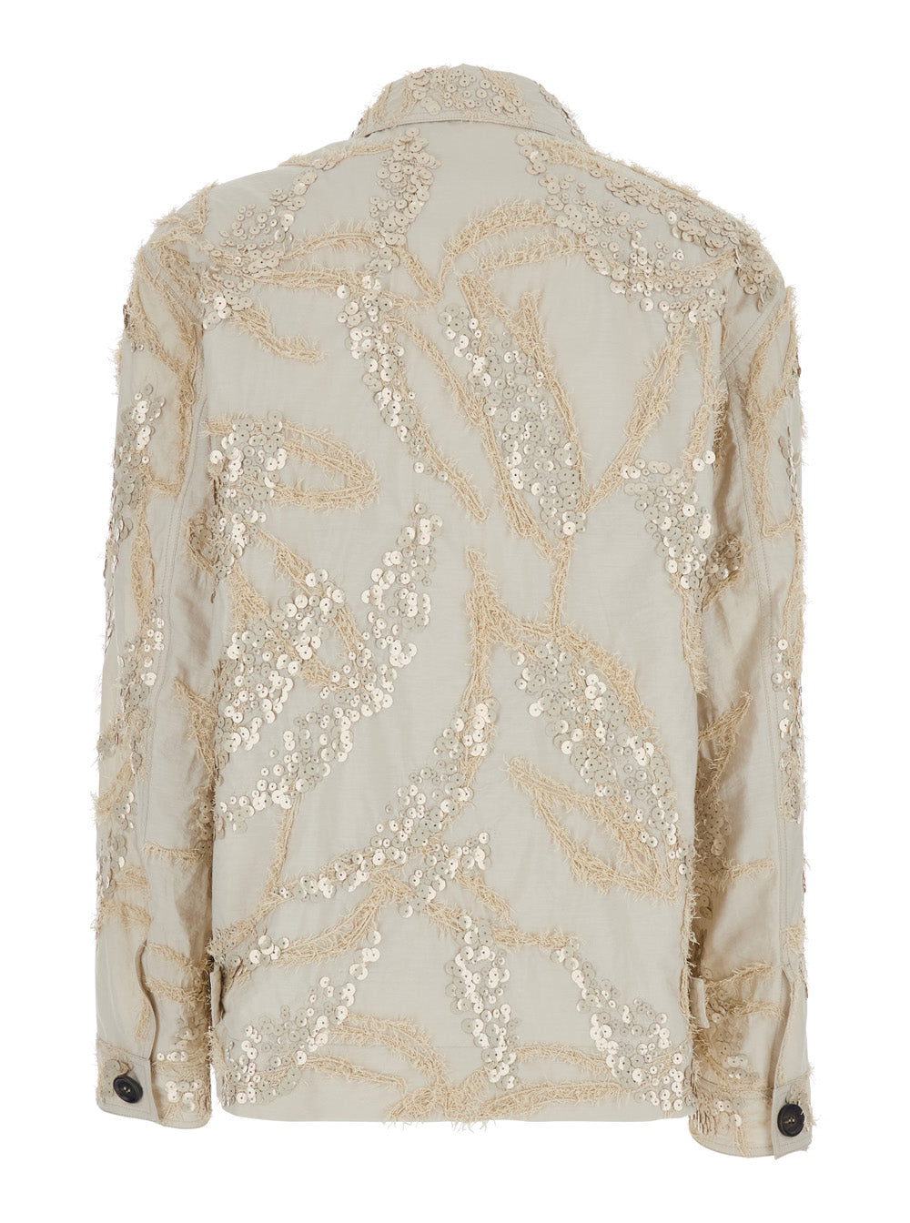 Beige Womens Jacket with Classic Collar and All-Over Sequin Decoration in Cotton Blend Polyamide Blazers