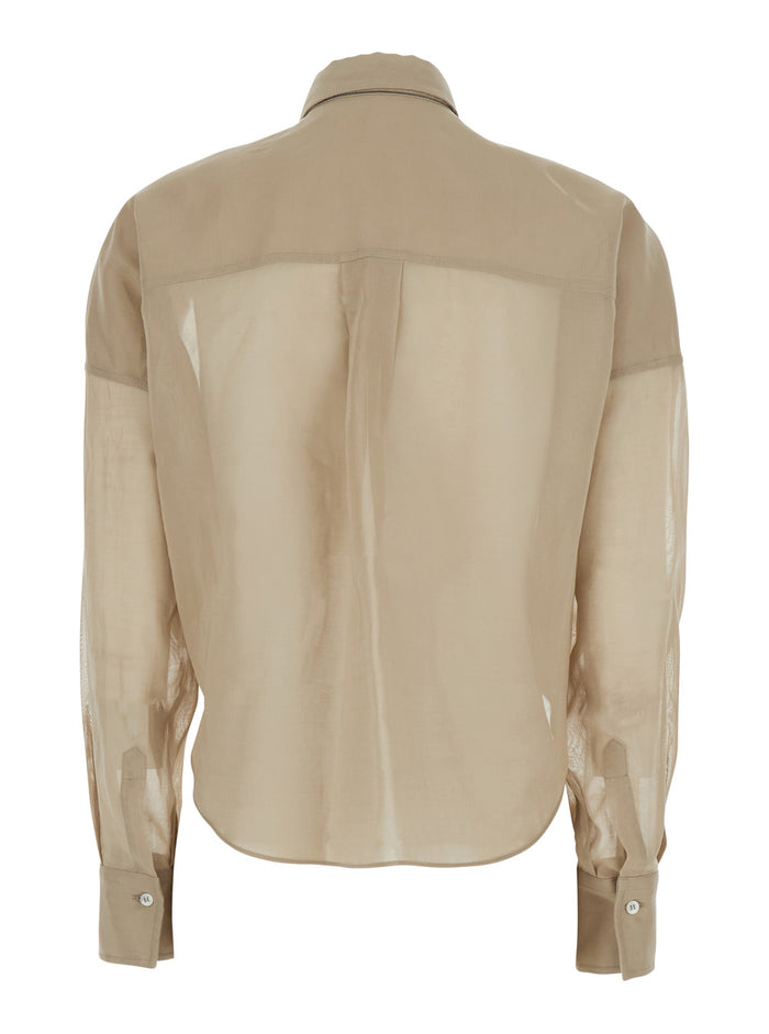 Beige Shirt with Classic Collar and Draping on the Front In Cotton for Women Blouses