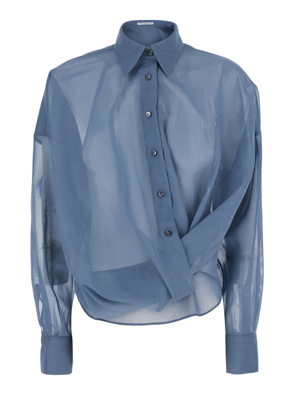 Shirt With Off-Centre Closure Blue Cotton Blouses