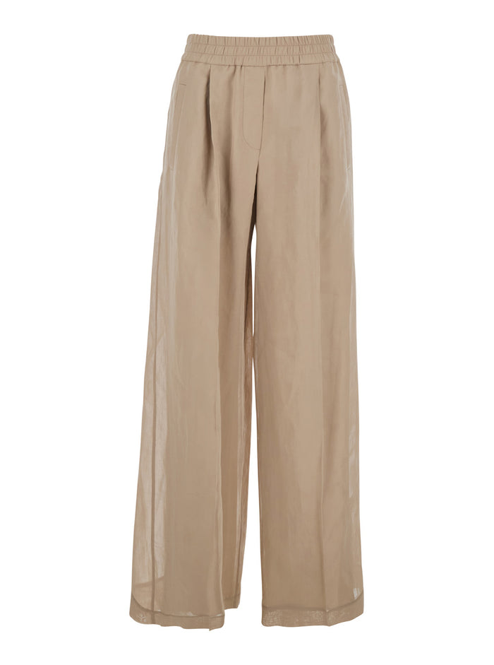 Beige Pants with Elastic Waist and Pockets in Organza Cotton Woman Trousers
