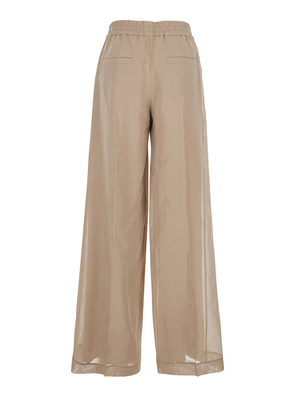 Beige Pants with Elastic Waist and Pockets in Organza Cotton Woman Trousers