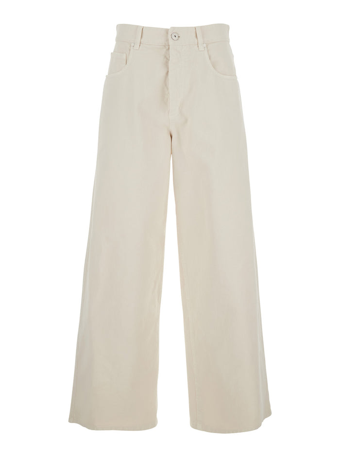 White Wide Jeans with Five-Pocket Design in Bleached Denim for Women Cotton