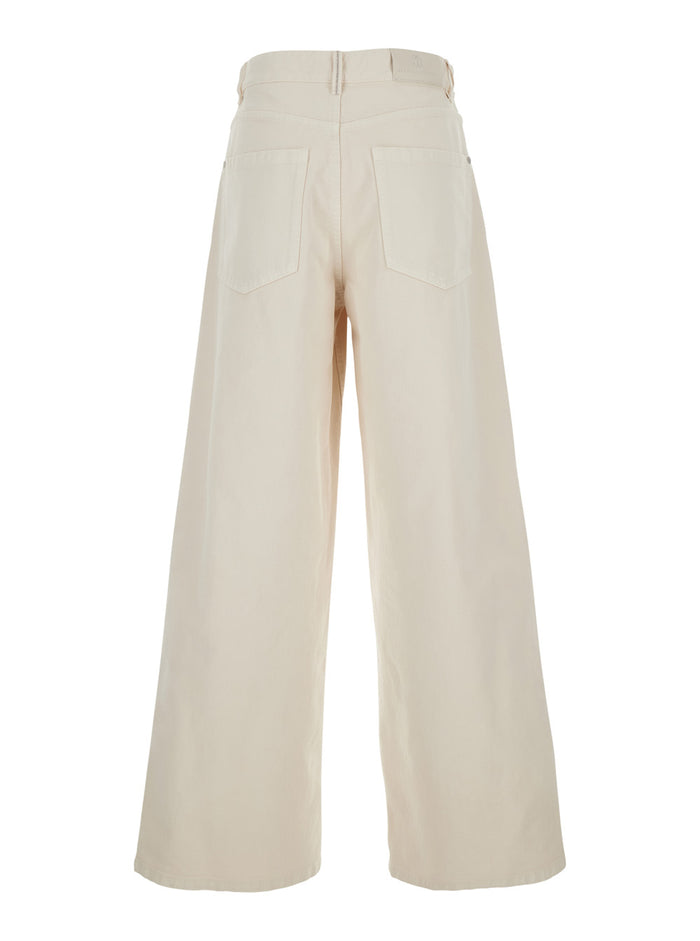 White Wide Jeans with Five-Pocket Design in Bleached Denim for Women Cotton