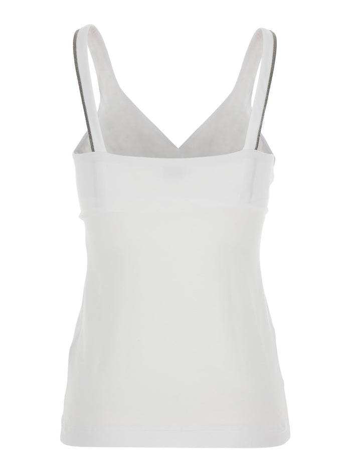 Top with V-Neck and Side Monile Details in White Cotton for Women Elastane Tops