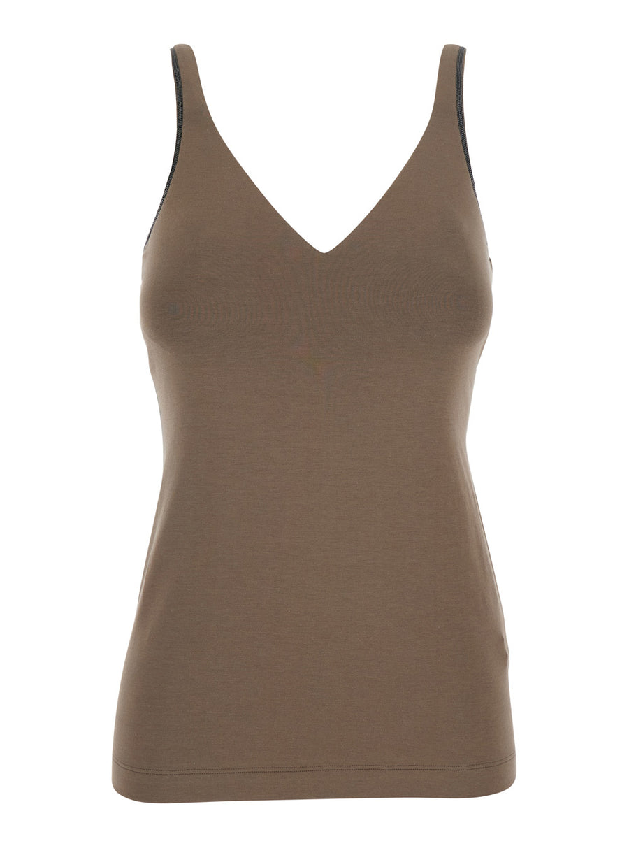 Top With V-Neck And Monil Strap Brown Cotton Tops
