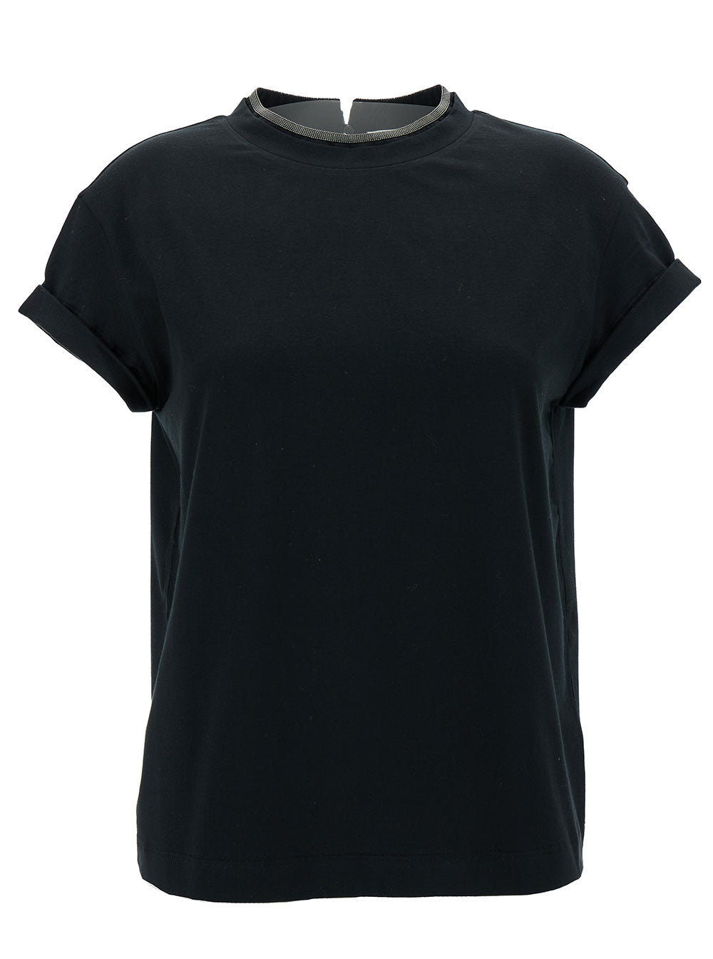 Black T-Shirt with Monile Detail In Cotton for Women Elastane Tshirts And Polo Shirts
