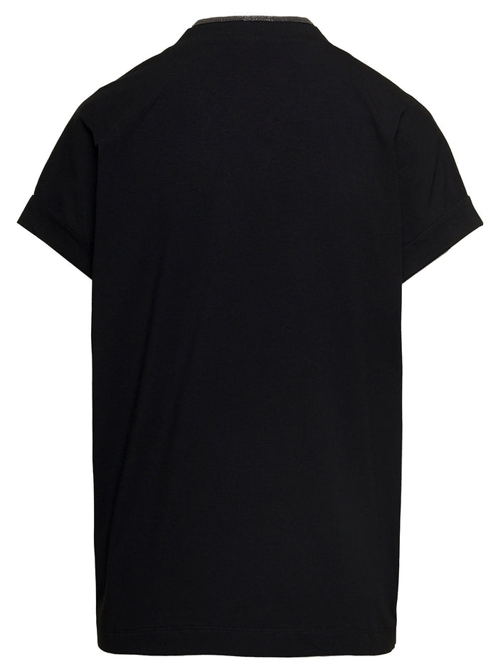 Black T-Shirt with Monile Detail and V-Neck in Stretch Cotton for Women Elastane Tshirts Polo Shirts