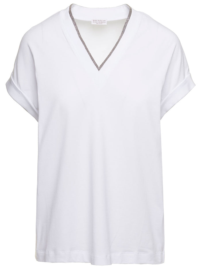 White T-Shirt with Monile Detail and V-Neck in Stretch Cotton for Women Elastane Tshirts Polo Shirts
