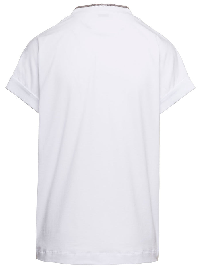 White T-Shirt with Monile Detail and V-Neck in Stretch Cotton for Women Elastane Tshirts Polo Shirts